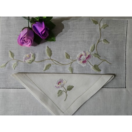 Elegante Tovaglia ricamata in puro lino 12 posti 185x280 cm