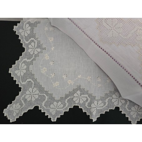 Lenzuolo in puro lino bellora con ricamo a mano Sfilato Siciliano ecru' color