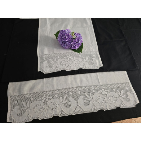 Set asciugamani ricamati 1+1 Sfilato Siciliano a mano puro lino Bellora