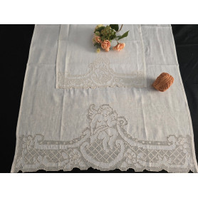 Set asciugamani ricamati 1+1 Sfilato Siciliano a mano puro lino Bellora ecrù