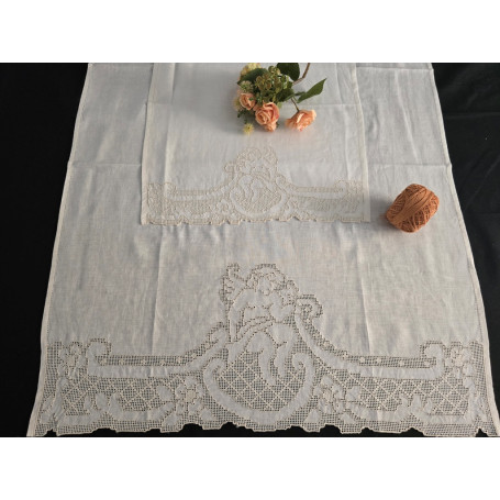 Set asciugamani ricamati 1+1 Sfilato Siciliano a mano puro lino Bellora ecrù