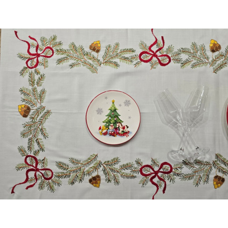 Tovaglia Natalizia ricamata a mano su misto lino 12 posti Natale NO TOVAGLIOLI