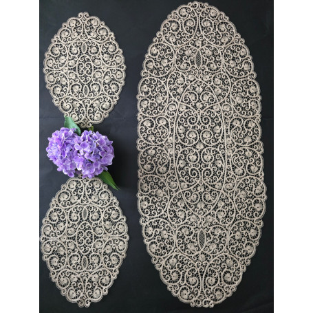 Museale Set 3 centrini ricamo pizzo cantu' completamente a mano ecru' color