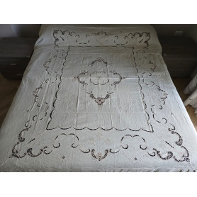 Museale Copriletto in puro lino 100% con ricamo Intaglio e punto pieno a mano