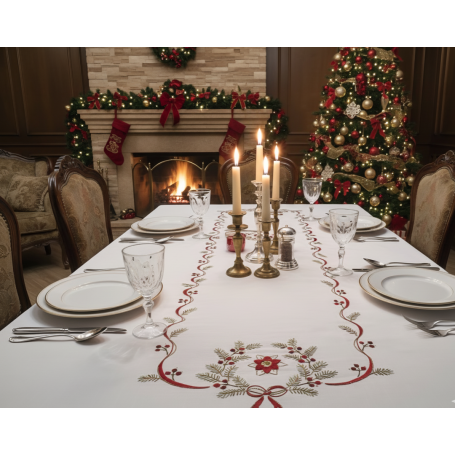 Tovaglia Natalizia ricamata a mano su misto lino 12 posti Natale NO TOVAGLIOLI