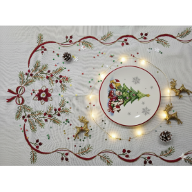 Tovaglia Natalizia ricamata a mano su misto lino Natale NO TOVAGLIOLI 175x310 cm