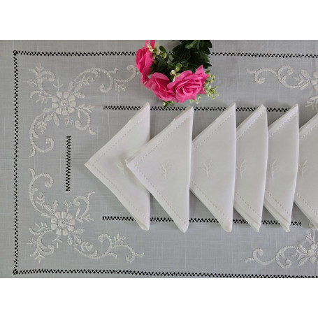 Tovaglia ricamata a mano in misto lino ricamo a mano gigliuccio e punto pieno 12 posti