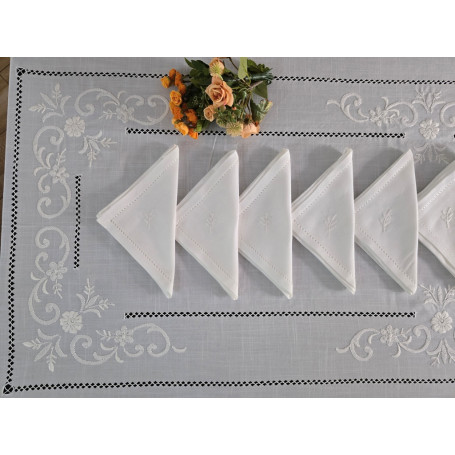 Elegante Tovaglia ricamata a mano in misto lino 12 posti gran misura 175x355 cm