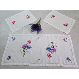 Set 3 centrini ricamati a mano su puro lino bellora ricamo punto pittura