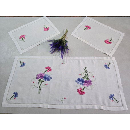 Set 3 centrini ricamati a mano su puro lino bellora ricamo punto pittura