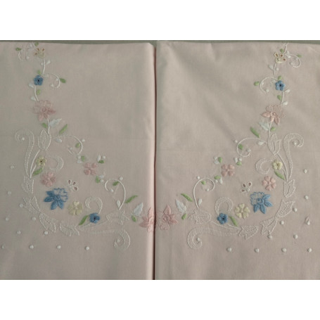 Lenzuola Bellavia puro cotone percalle ricamo Punto Pieno a mano Fondo Rosa