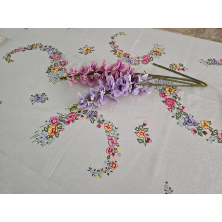 Spettacolare Tovaglia in puro lino Bellora con ricamo a mano 12 posti