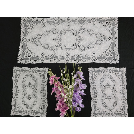 Museale set 3 centrini puro lino con ricamo a mano cantù N1 40x90cm + N2 30x44cm