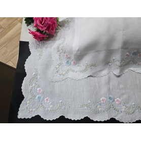 Lenzuolo ricamato a mano in puro lino Bellora 235x265 cm fondo bianco ghiaccio