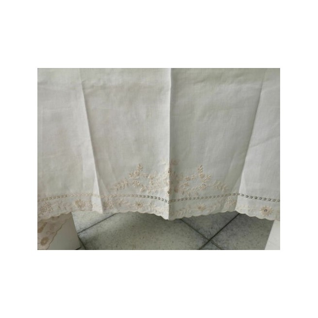 Nappe En Lin Pur Avec Broderie Main - 12 Pièces, Couleur écru, Broderie Point Plein Et Point De Rhodes, Neuve Avec étiquettes