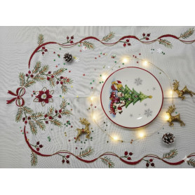 Spettacolare Tovaglia natalizia 18 posti misto lino con ricamo a mano 175x360 cm