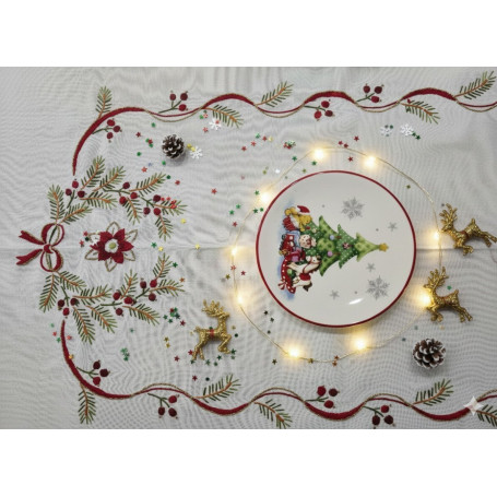 Spettacolare Tovaglia natalizia 18 posti misto lino con ricamo a mano 175x360 cm