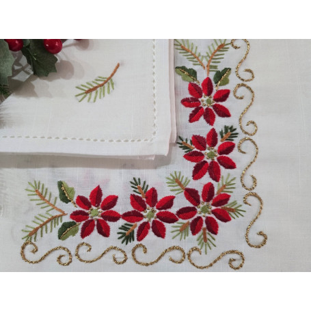 Spettacolare Tovaglia natalizia 18 posti misto lino con ricamo a mano 175x360 cm