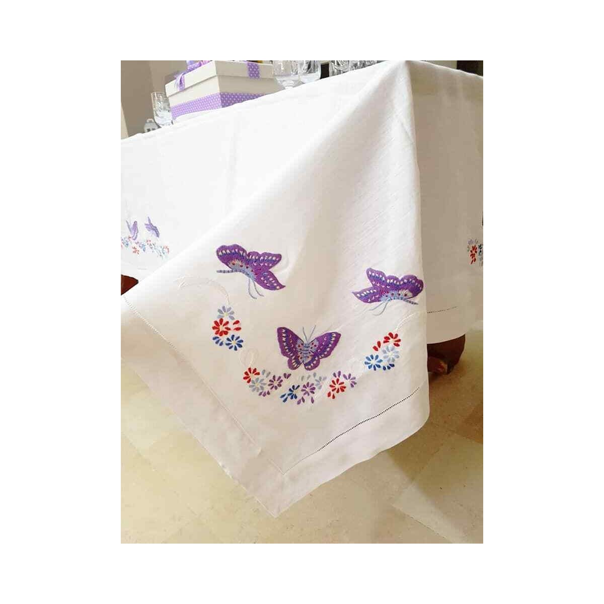 Nappe En Lin Pur 12 Personnes - Broderie Main Motif Fruits - Neuf Avec étiquettes