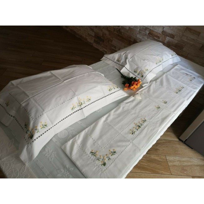 Eleganete Lenzuolo In Percalle Di Cotone Puro Con Ricamo Punto Pieno A Mano - Bianco, 260x280 Cm + 2 Federe