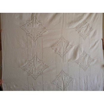 Pregiatissima tenda in purissimo lino ricamo intaglio Angeli a mano 215 x 310cm