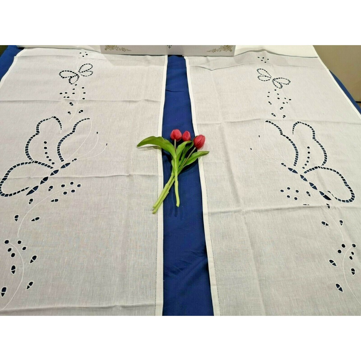 COPPIA TENDINE IN MISTO LINO RICAMATE 60X240cm colore bianco alta qualita - euroricami viterbo