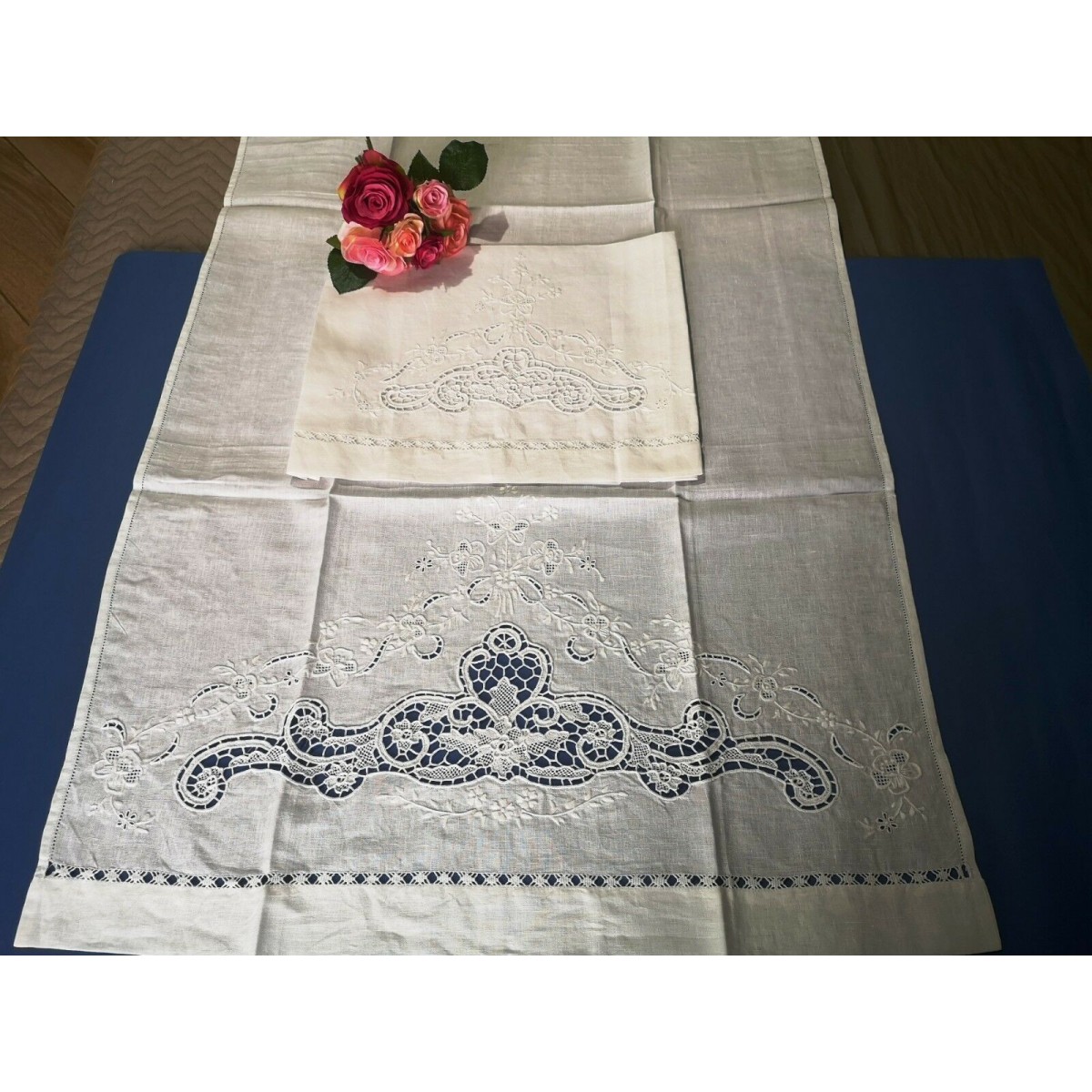 Coppia Asciugamani In Lino Puro Ricamati A Mano - Set Bagno Stile Burano Beige - Foto 2