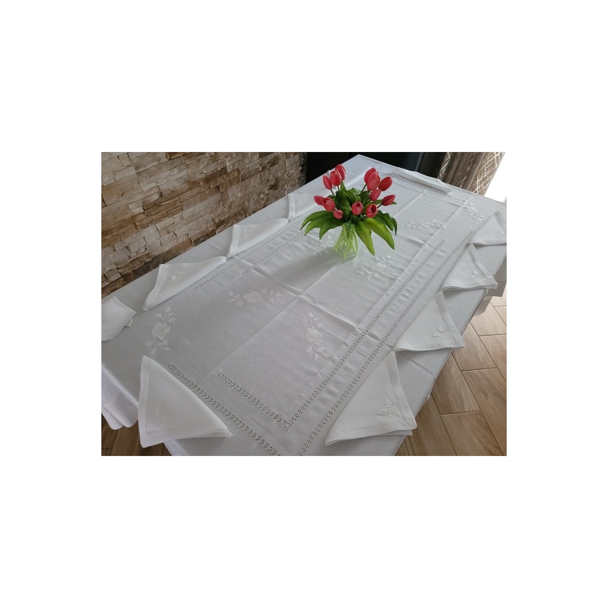 Élégante Nappe Rectangulaire de Table x12 en Pur Lin avec Broderie