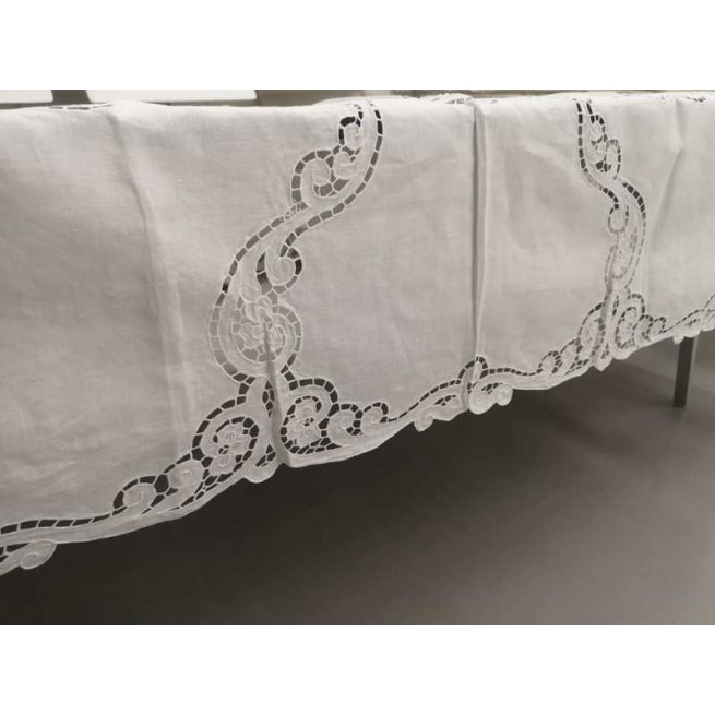 Nappe En Lin Pur 12 Personnes - Brodée Main, Motif Floral, 170x265 Cm