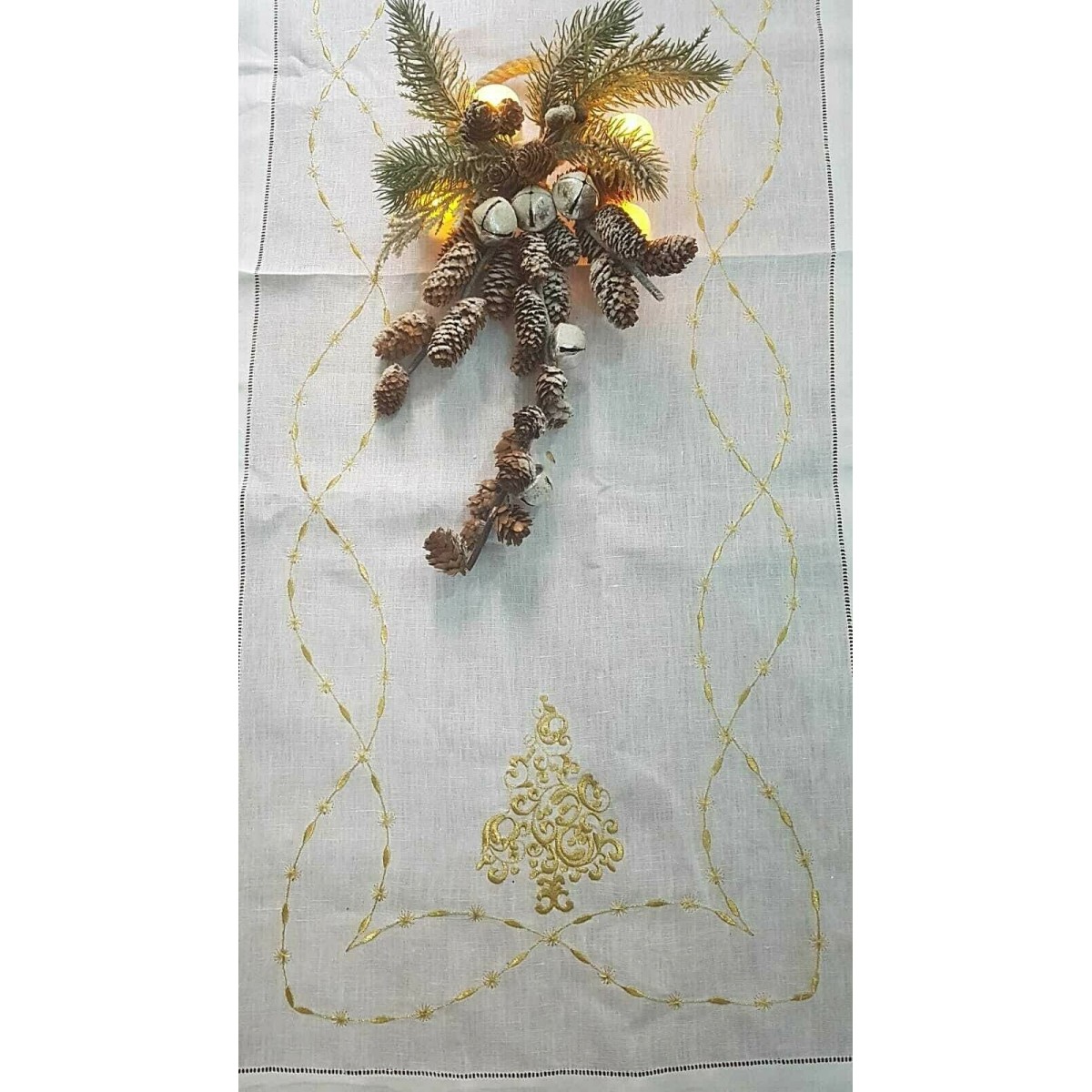 Runner Natalizio Moderno Grigio Con Ricamo Alberelli Oro – 40x140 Cm – KHEVGA
