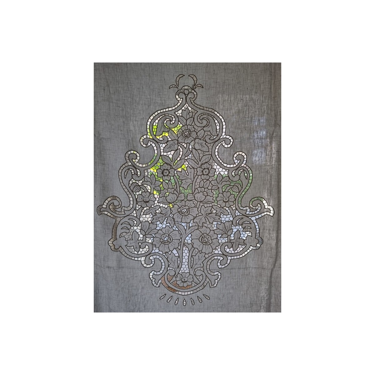 STUPENDA TENDA IN LINO CON RICAMO SFILATO SICILIANO A MANO 210X300CM