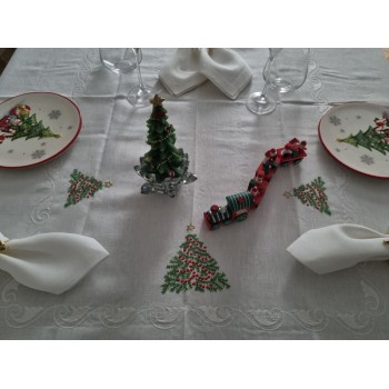 Tovaglia natalizia ricamata in puro lino Bellora 12 posti 175 x 270 cm