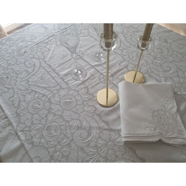 Nappe Pure Lin 12 Personnes Brodée Main - 170x265 Cm, Blanc, Motif Floral, Italie